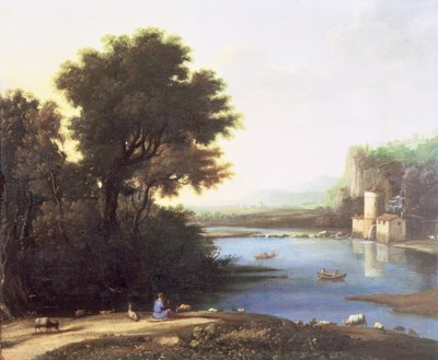 Italiaans landschap met een geitenhoeder die op zijn fluit speelt voor zijn geiten door Claude Lorrain